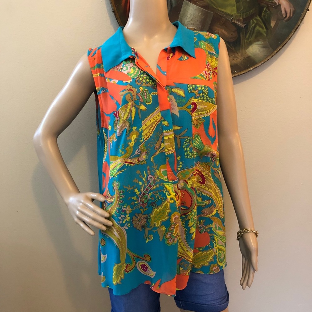 BCBG Max Azria Pleated Back Paisley Scarf Print Sleeveless Blouse - Sz XL
